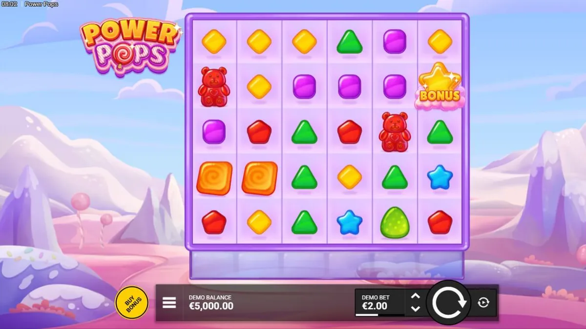 Makulay na disenyo ng Power Pops slot na may mga kendi at lollipop