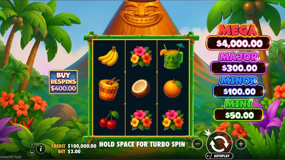 Super Tiki Strike slot machine na may tropikal na tema at 3x3 grid